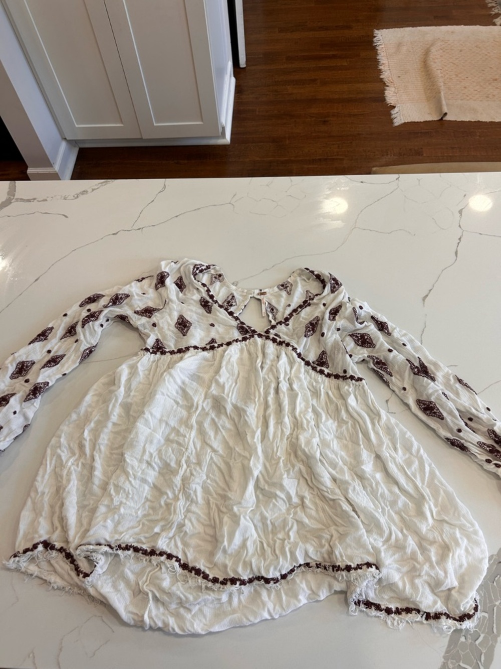Free People White Peasant Blouse with Brown Embroidery